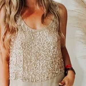 Lola and Sophie Sequins Sleeveless Top Taupe Bronze Small